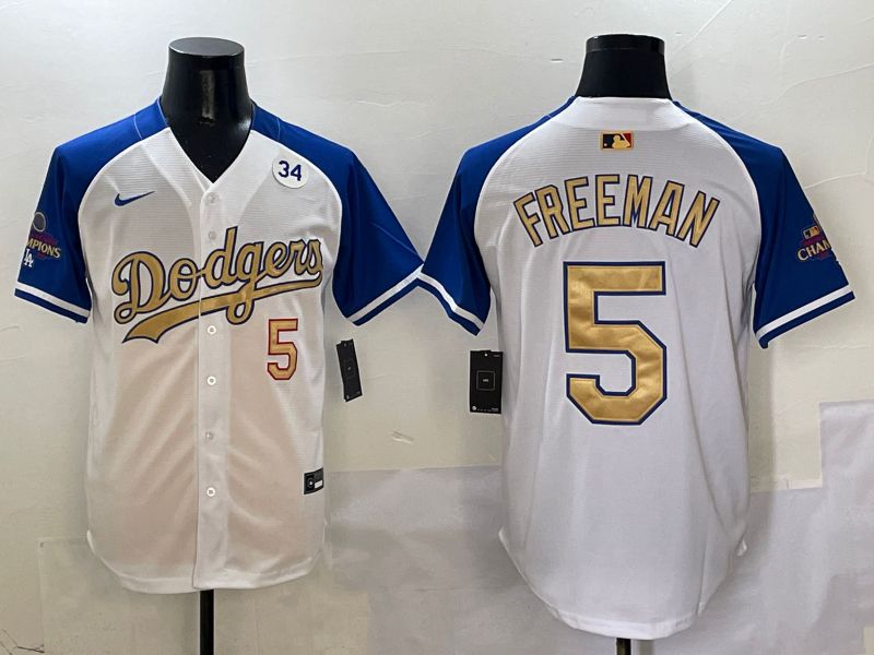 Men Los Angeles Dodgers #5 Freeman White Blue Gold Game 2025 Nike MLB Jersey style 4